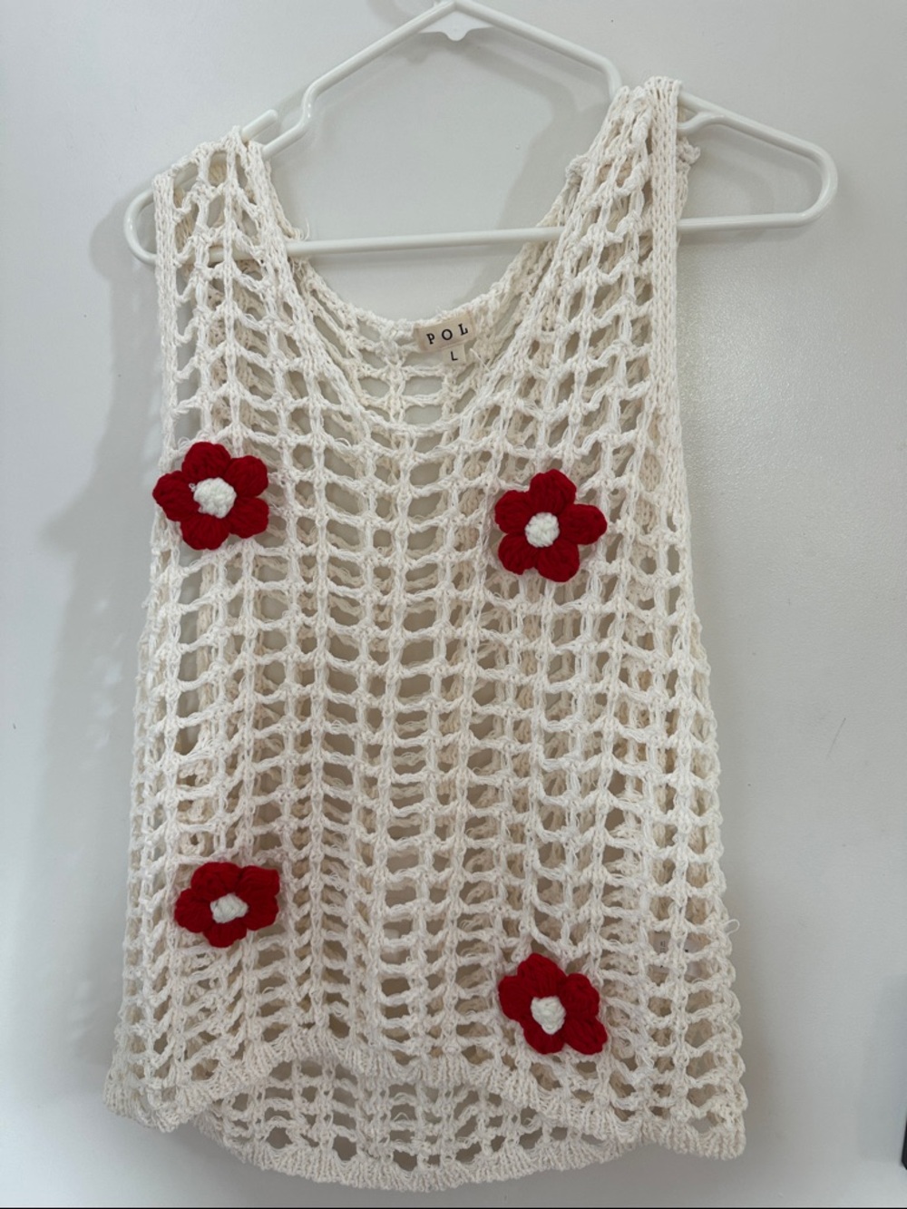 POL Crochet Net Tank Top with Red Flower Appliqués L